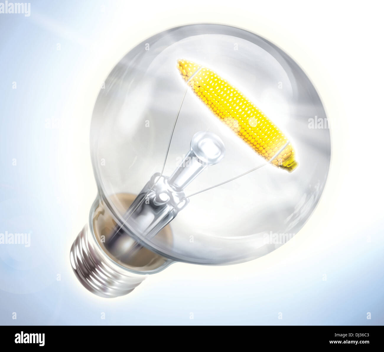 Anschauliches Bild der Glühbirne mit Maiskolben, Bioenergie darstellt Stockfoto