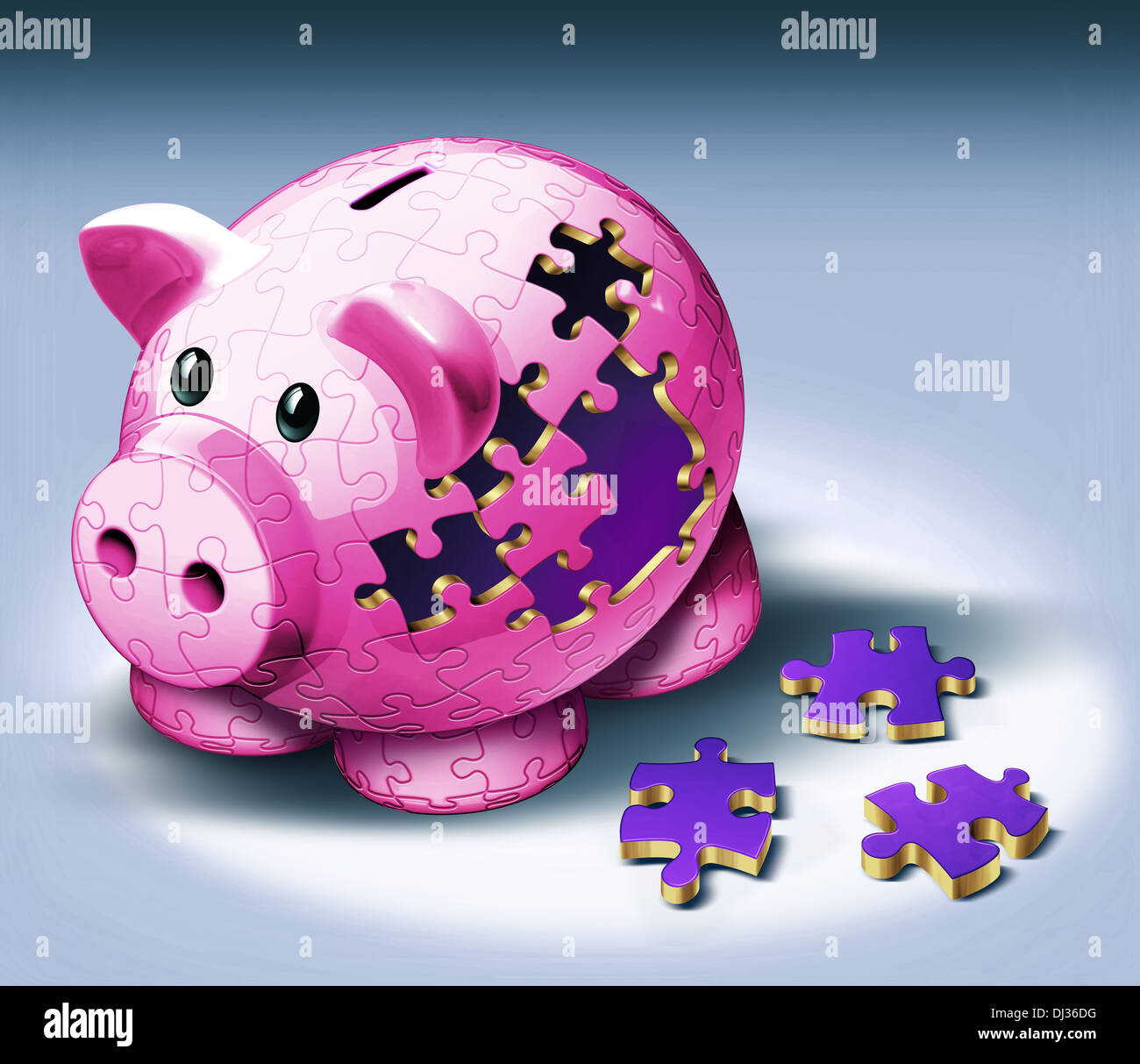 Anschauliches Bild der Puzzleteile vom Sparschwein für Zahlung von EMI gefallen Stockfoto