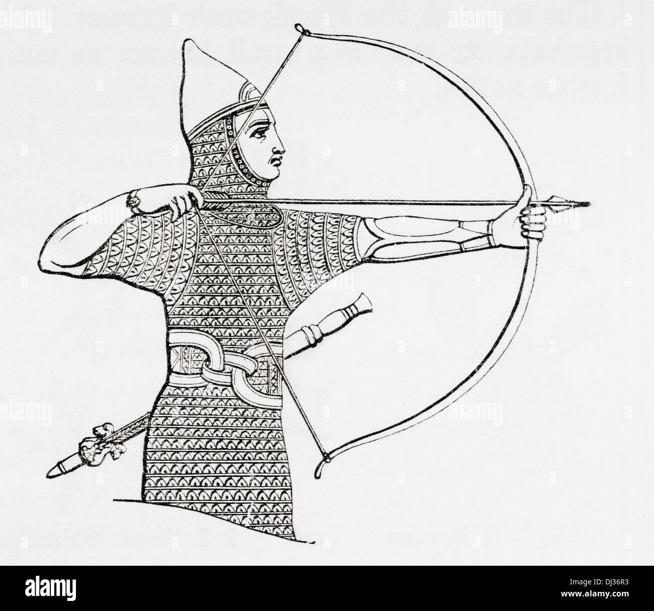Assyrische Bogenschützen tragen ein Kürass. Stockfoto