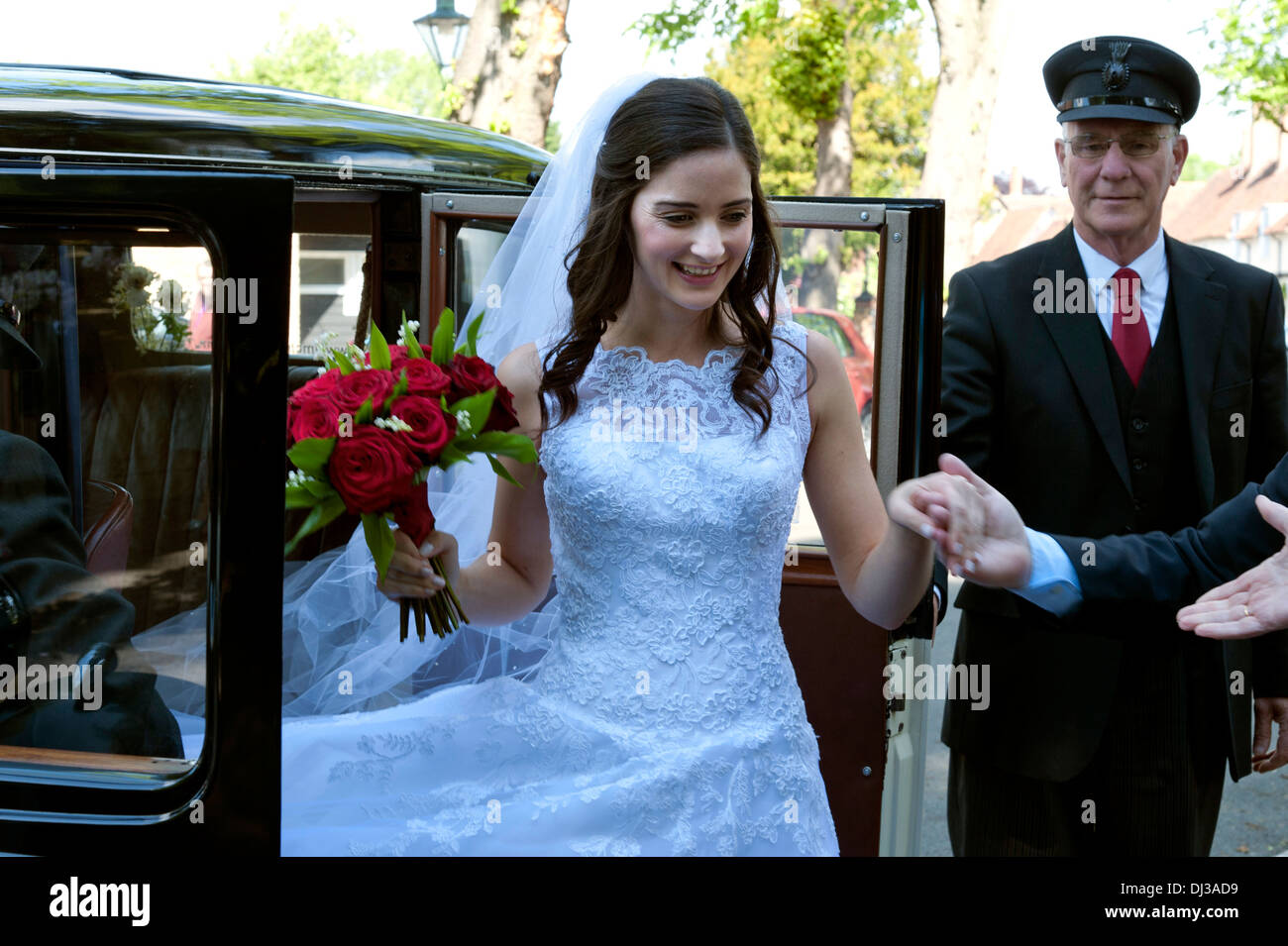 Braut Ankunft in traditionellen weißen Brautkleid, Blumenstrauß aus roten Rosen an der Kirche mit ihrem Chauffeur Oldtimer und eine helfende Hand anreisen Stockfoto