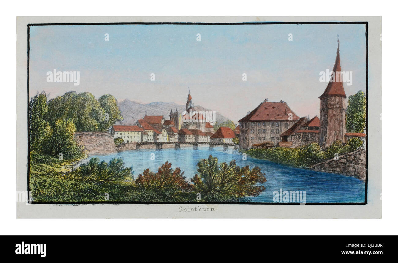 Stadt Solothurn die Hauptstadt des Kantons Solothurn in der Schweiz. Aquarell Malerei des 18. Jh. Stockfoto