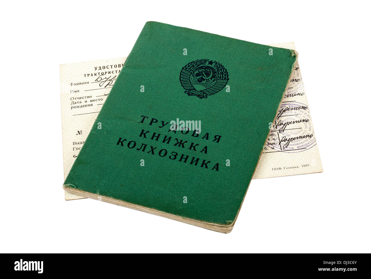 Russische Wehrpass von Bauer und Traktor Führerschein isoliert auf weißem Hintergrund Stockfoto