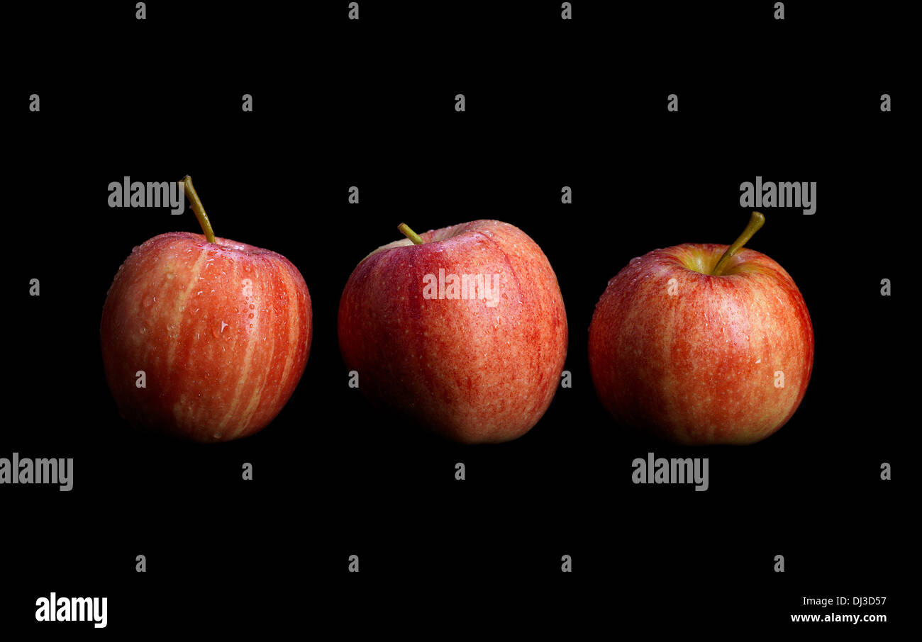 drei saisonalen rote und gelbe britische Äpfel auf einem schwarzen Hintergrund Stockfoto