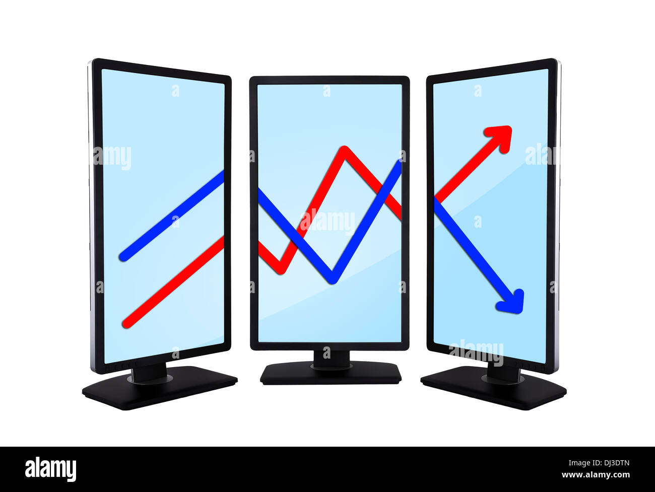 blaue Flachbildschirme mit Diagramm auf Bildschirmen Stockfoto