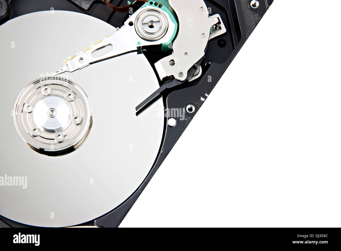 Die Hard Disk und Fokus Bild öffnen Festplattenspeichers auf weißem Hintergrund. Stockfoto