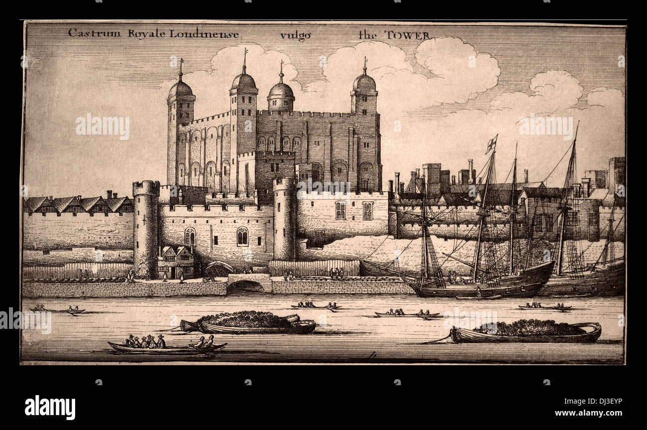 VINTAGE TOWER OF LONDON OLD EARLY 17th Century lithograph Illustration Archivdruck des Tower of London über die Themse London angesehen Stockfoto