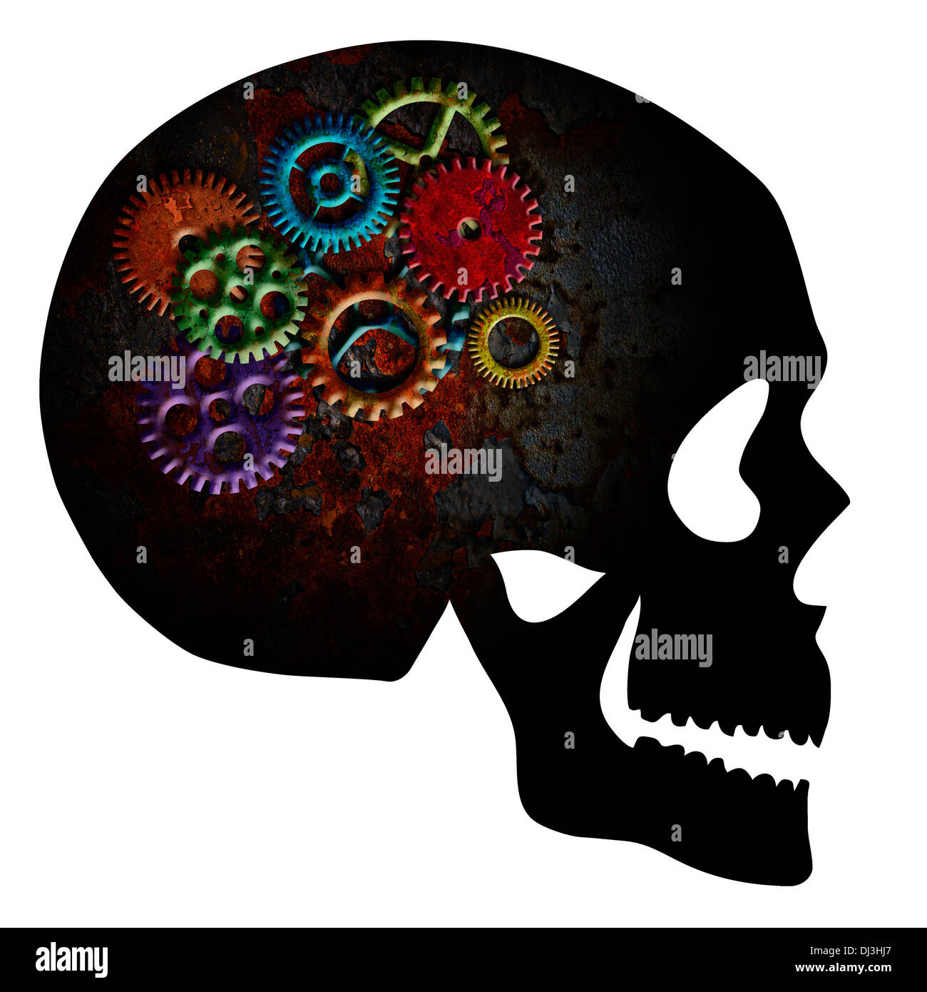 Rostige bunte Metallzahnräder am Schädel Silhouette Grunge Texturen, Isolated on White Background Stockfoto