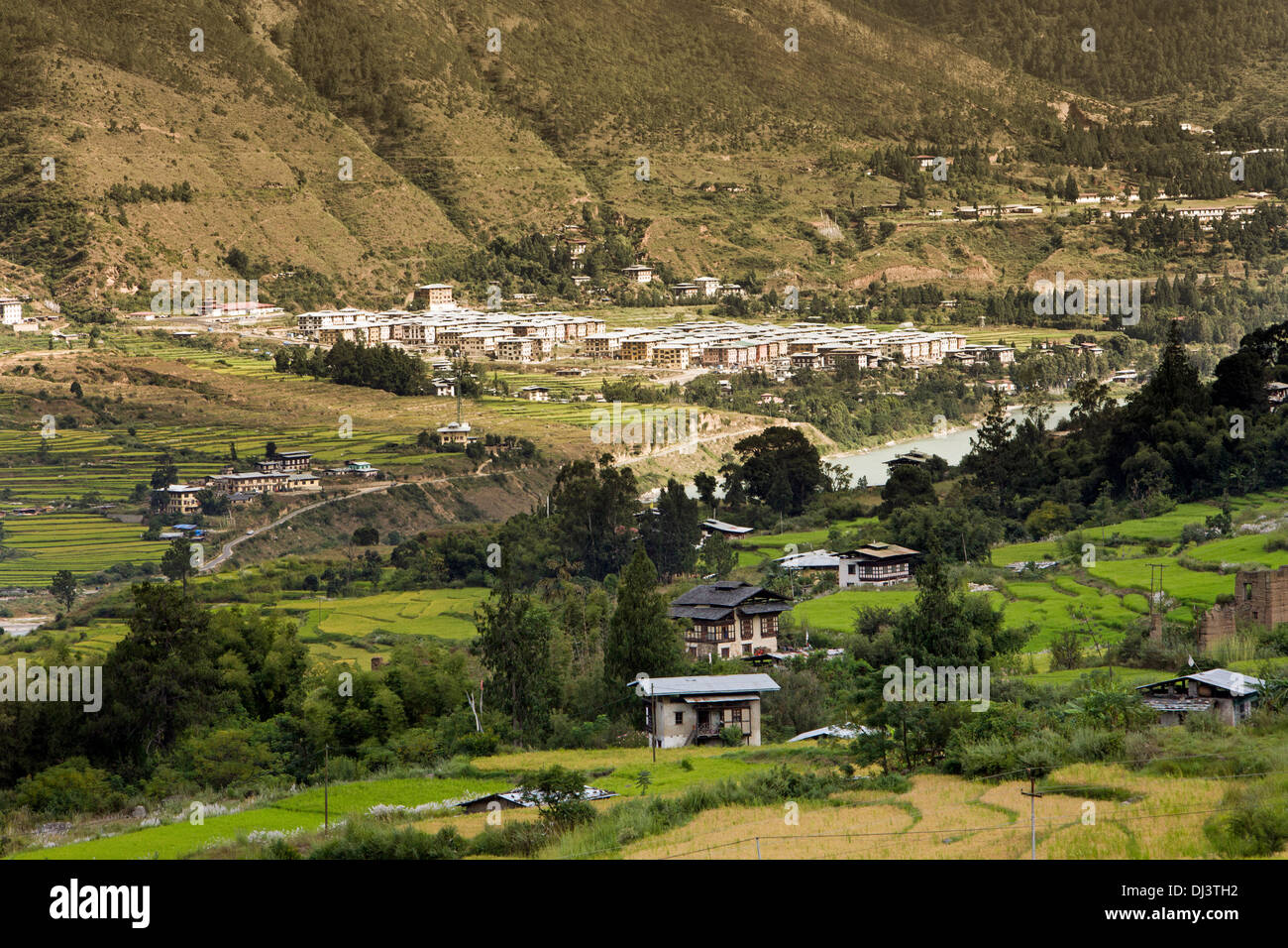 Bhutan, Bajo, Wangdue Neustadt im Tal unterhalb der alten Dzong Stockfoto