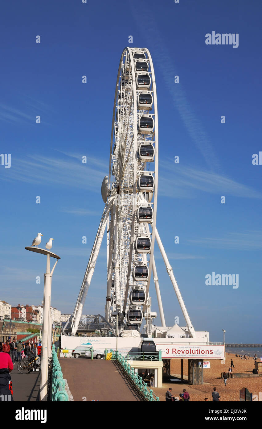 Riesenrad am Meer und Strand mit Menschen. Brighton. East Sussex. England Stockfoto