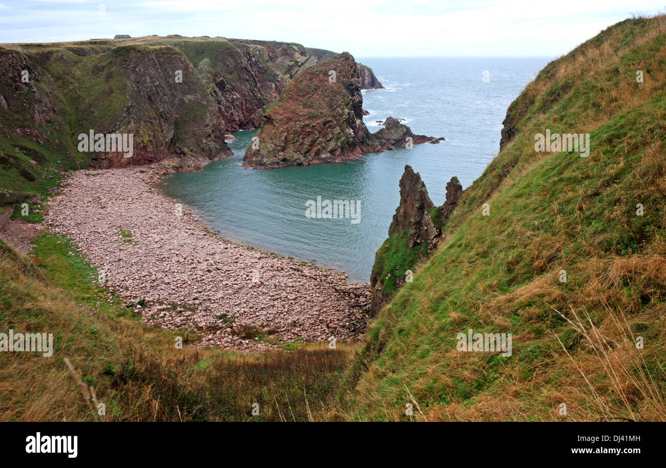 Ein Blick auf Küste Features auf North Cove auf der Nord-Ost-Küste von Aberdeenshire, Schottland, Vereinigtes Königreich. Stockfoto