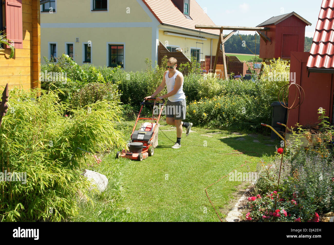 Rasen Mähen, Rasenmähen Stockfoto