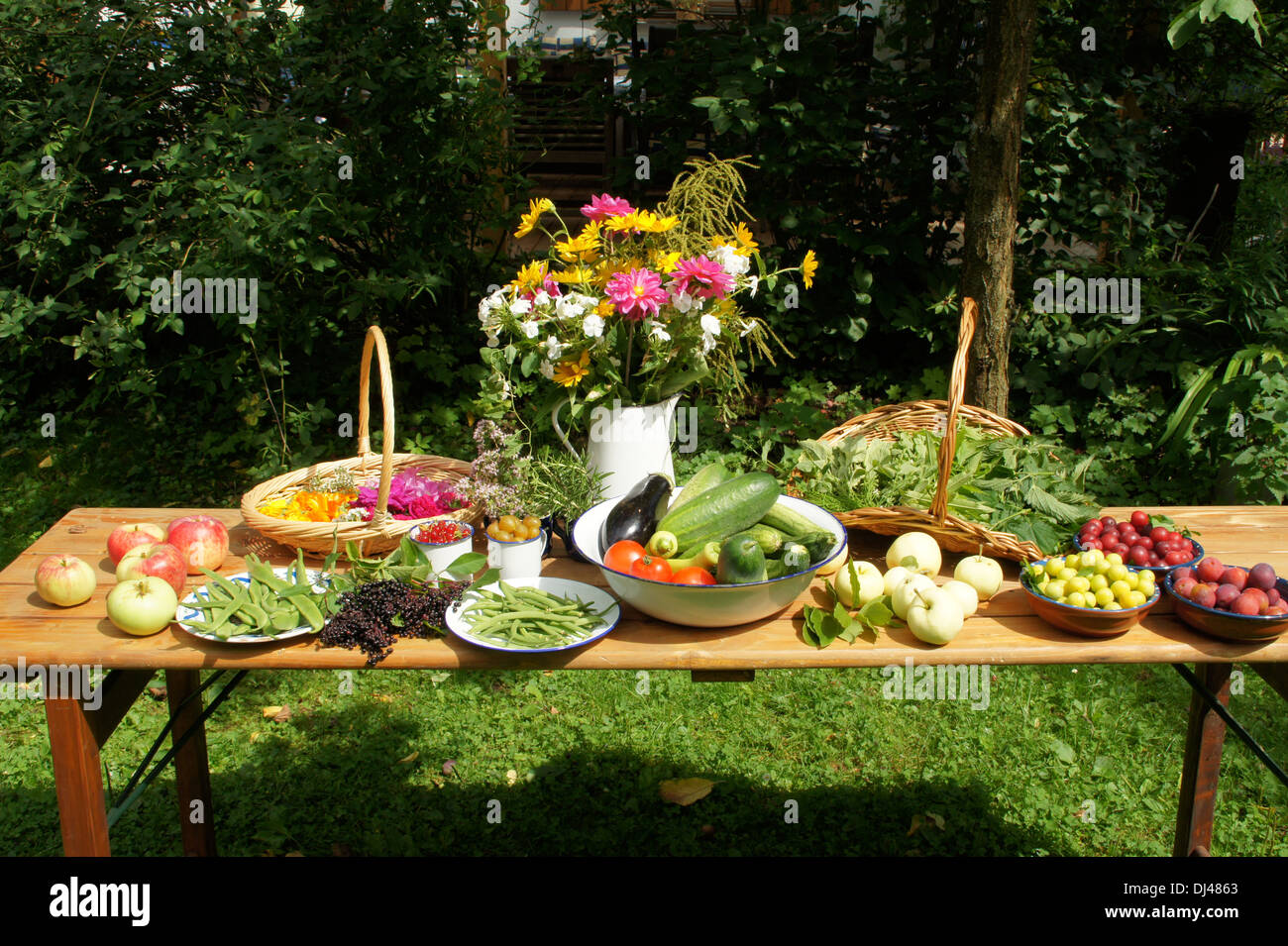 Gemüse, Früchte, Blumen, Kräuter Stockfoto