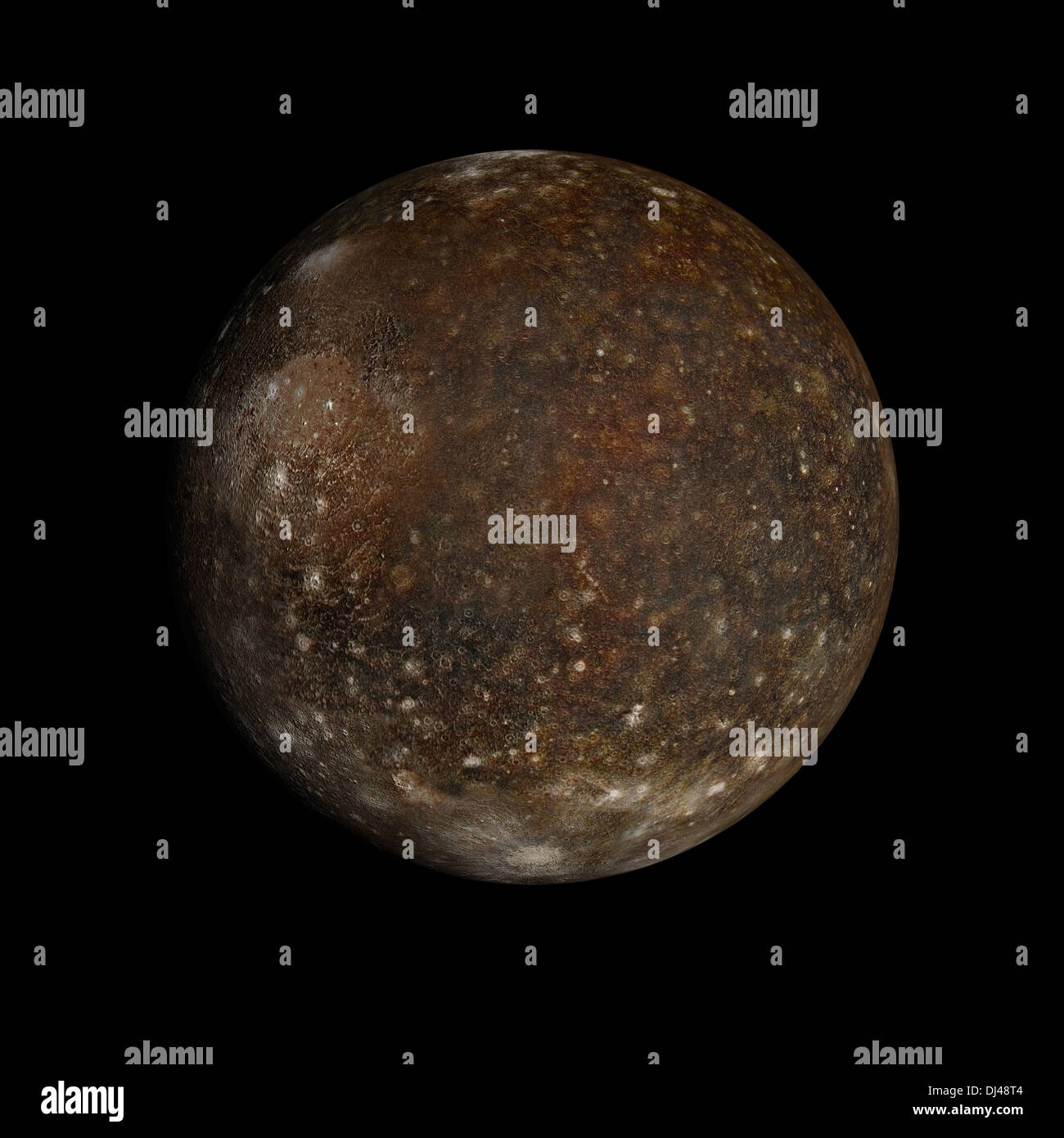 Ein gerendertes Bild des Jupiter Mond Callisto auf einem sauberen schwarzen Hintergrund. Stockfoto