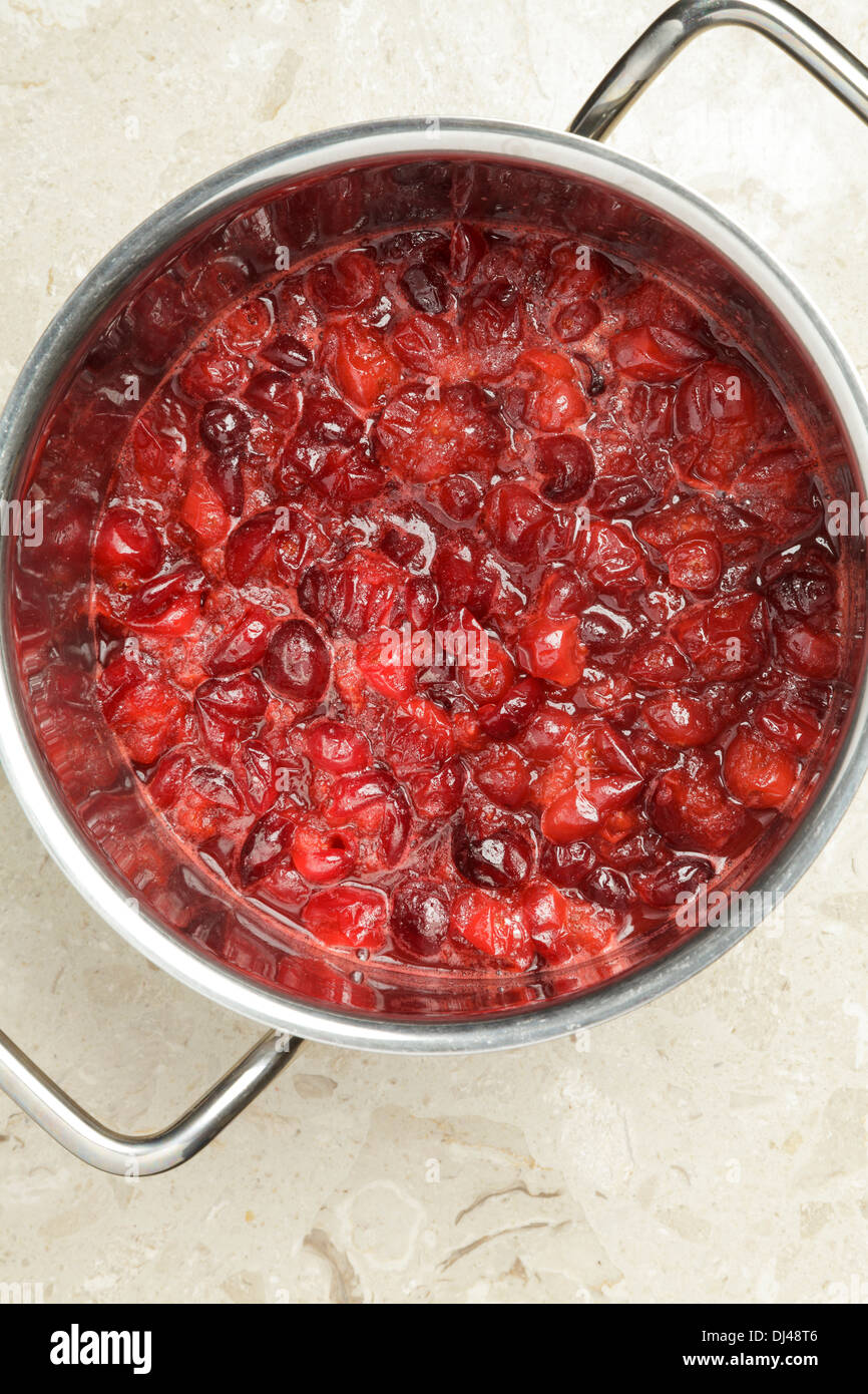 Cranberry-Sauce frisch zubereitet in Topf Stockfoto