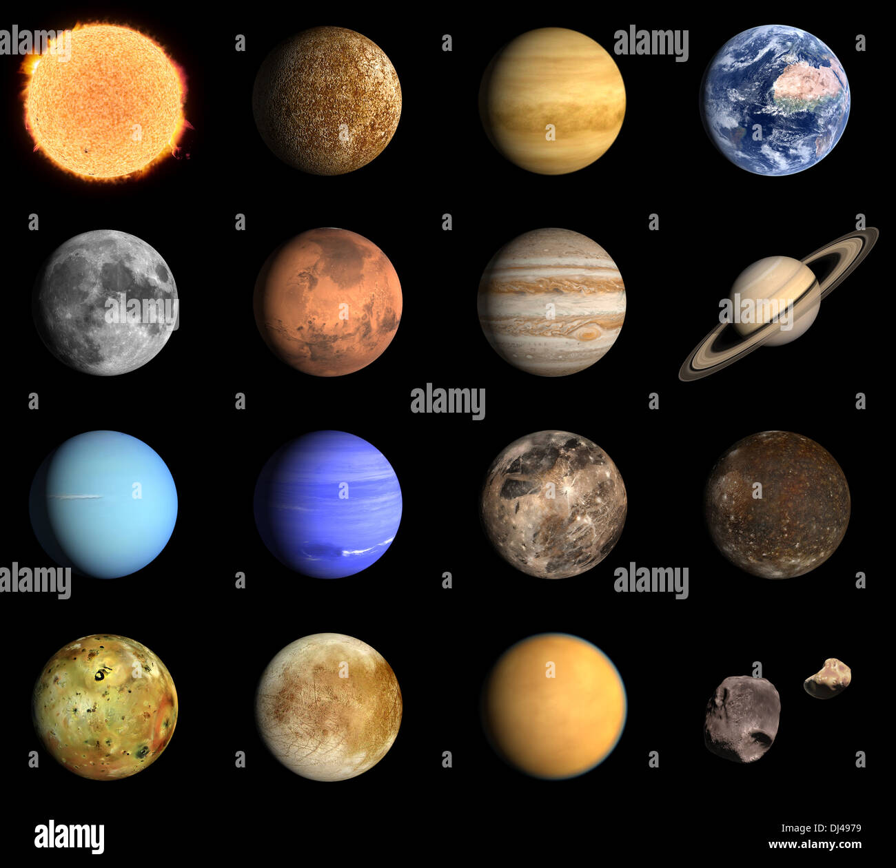Ein gerendertes Bild der Planeten und einige Monde unseres Sonnensystems Stockfotografie - Alamy