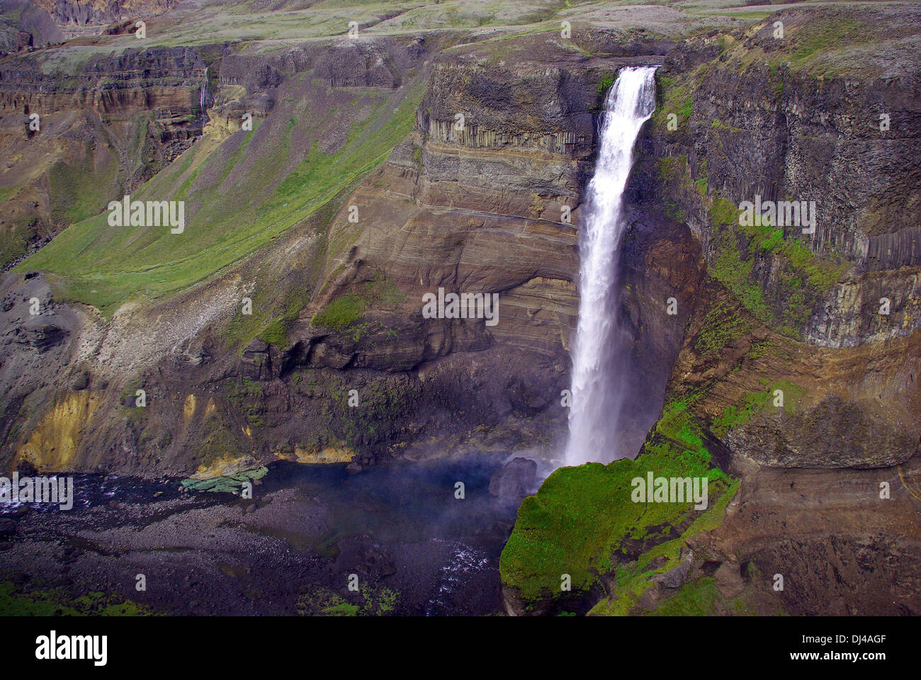 der Wasserfall Haifoss in der Pjorsardal Stockfoto