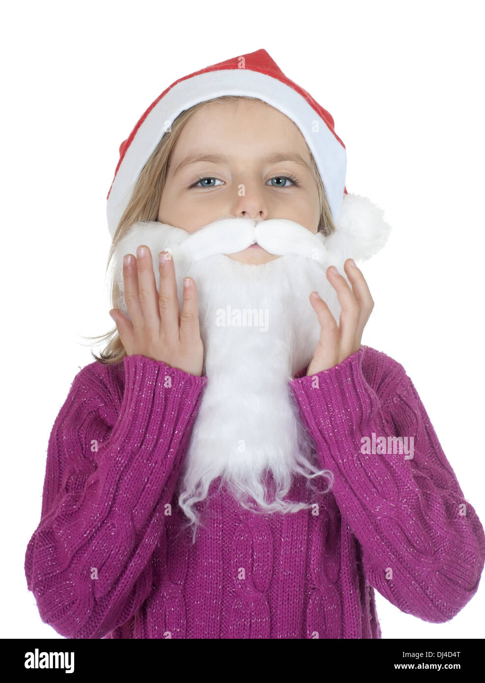 kleines Mädchen mit Weihnachtsmütze und Bart Stockfoto