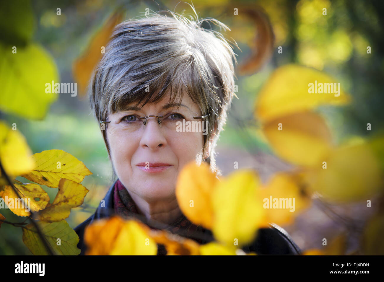 Porträt einer Frau mit Herbst Blätter Stockfoto