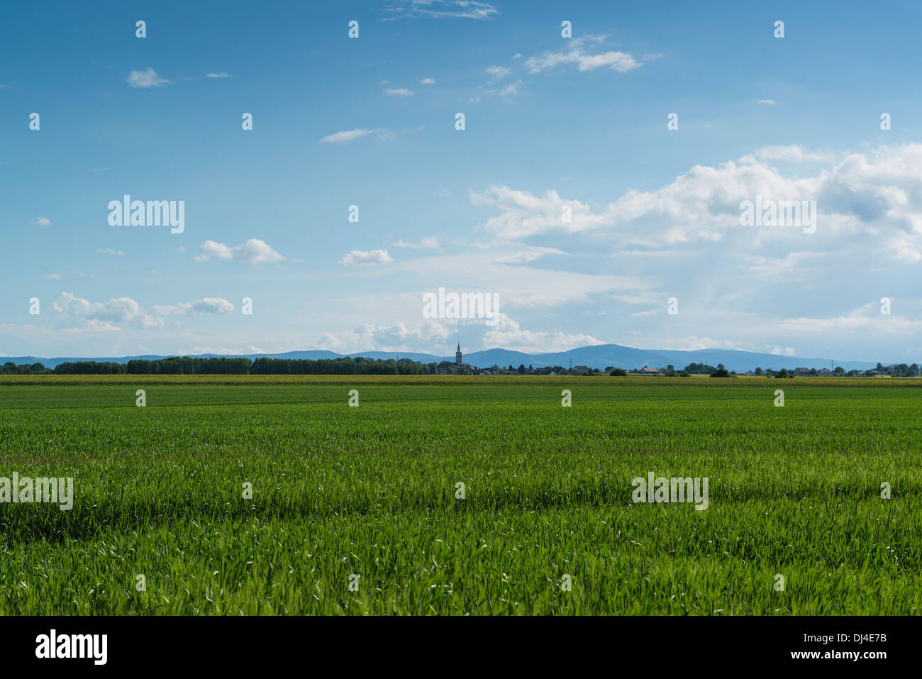 Blick über Frühling Ackerflächen in Richtung Dorf Scmicz - Schmitsch, Oppelner Woiwodschaft, Polen Stockfoto
