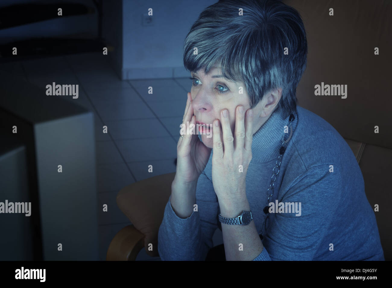 Frau vor dem Fernseher Stockfoto