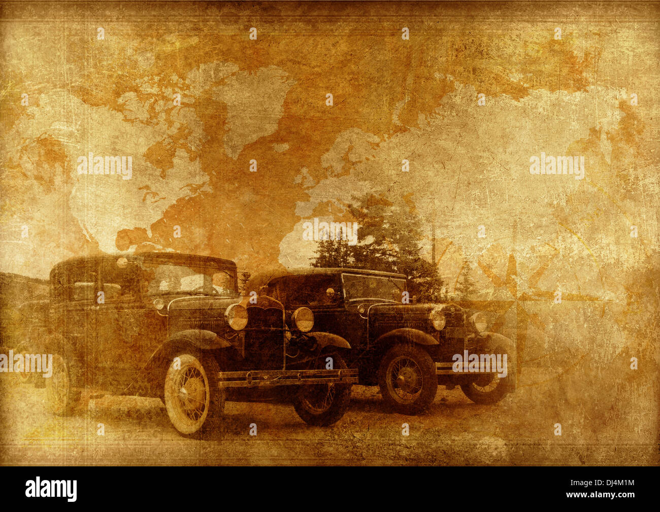 Oldtimer-Hintergrund. Oldtimer-Welt. Oldtimer auf Vintage Alter Reise Karte Papierhintergrund. Vintage Hintergründe Kol Stockfoto