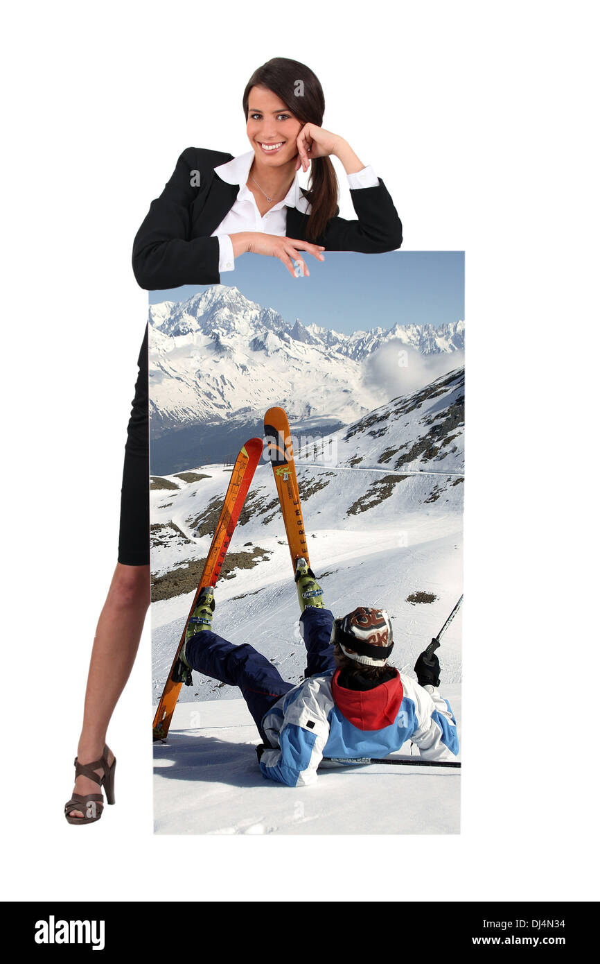 Frau mit Bild des Skifahrers Stockfoto