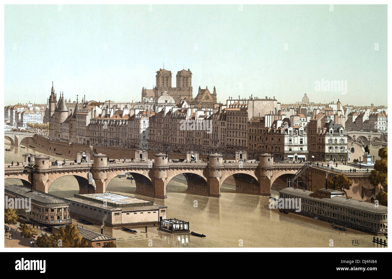 Zitieren und Pont Neuf Illustration in 1840 Paris Frankreich Stockfoto