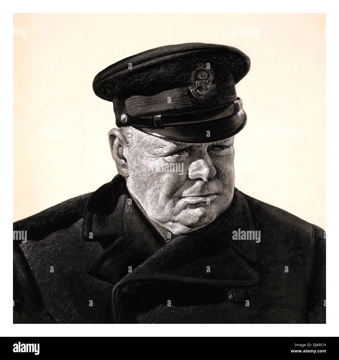 WW2 Propaganda Malerei der Vorsitzende Premierminister Winston Churchill im Marine uniform, eines Großbritanniens besten Führer Stockfoto