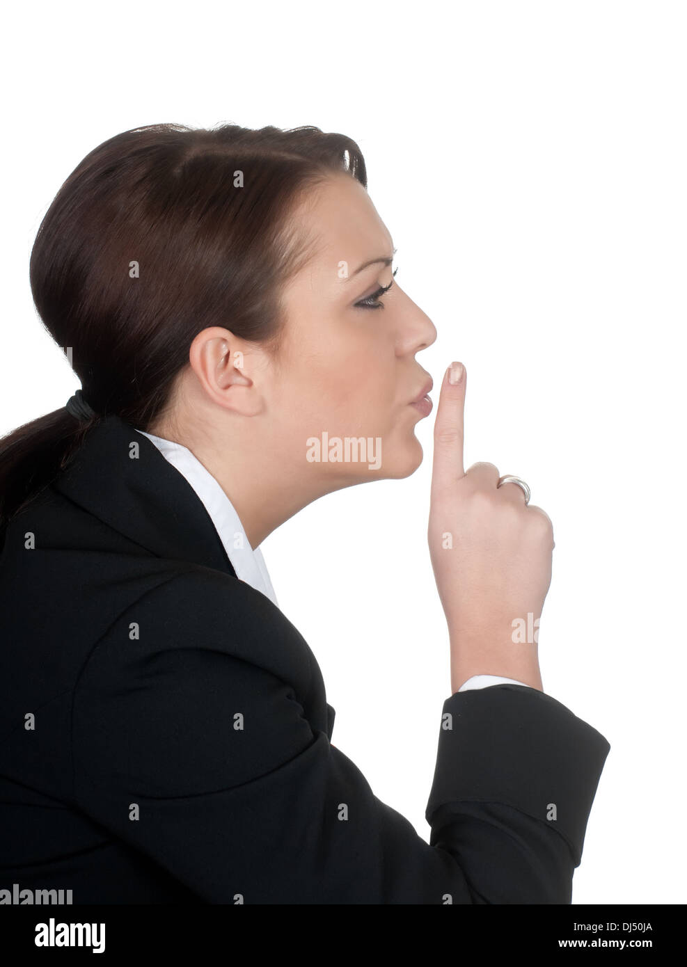 Geschäftsfrau bittet um Ruhe Stockfoto