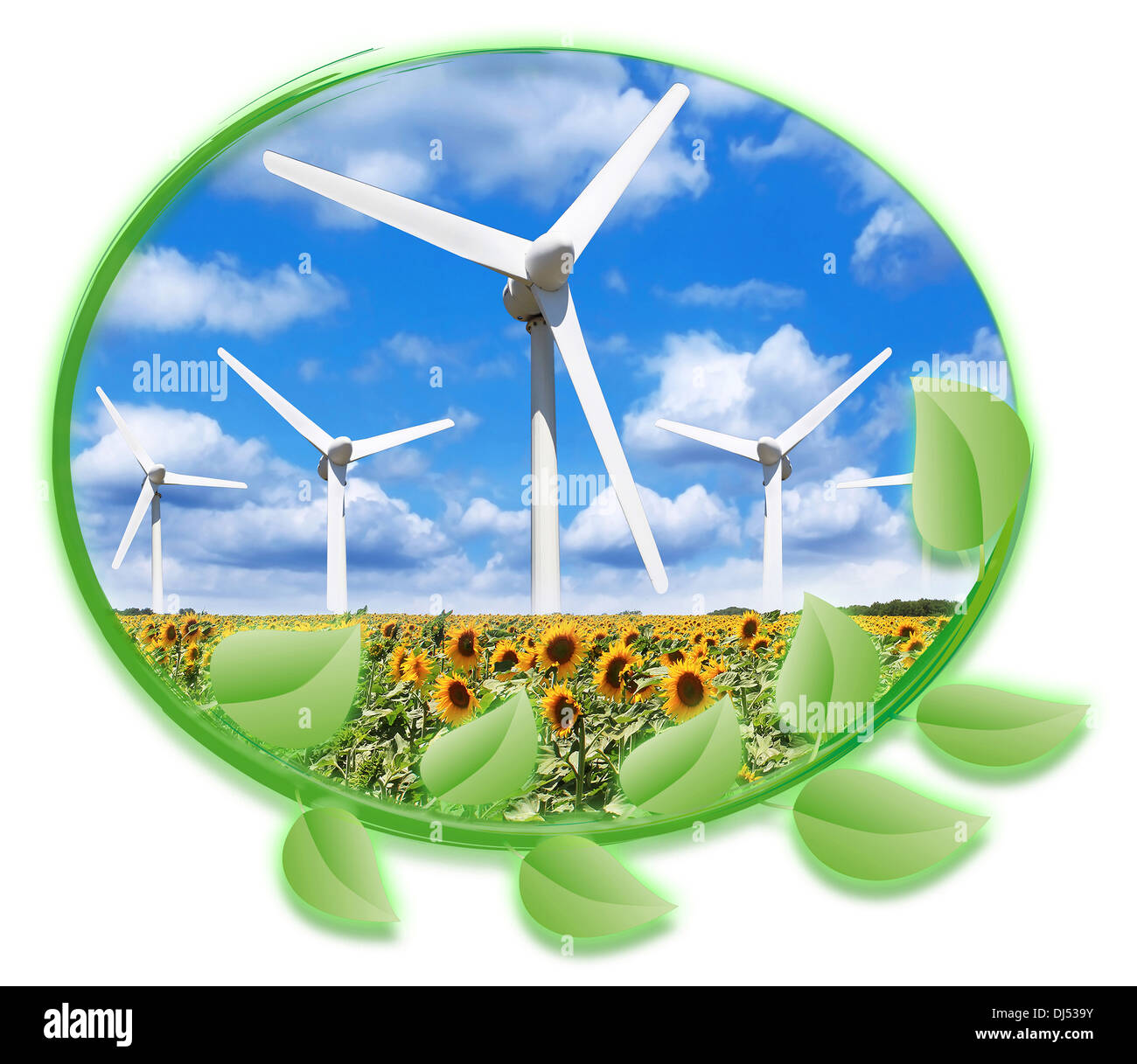 Kreis aus grünen Blättern, die mehrere Windkraftanlagen online am bewölkten Himmelshintergrund in einem Feld von Sonnenblumen umgeben Stockfoto