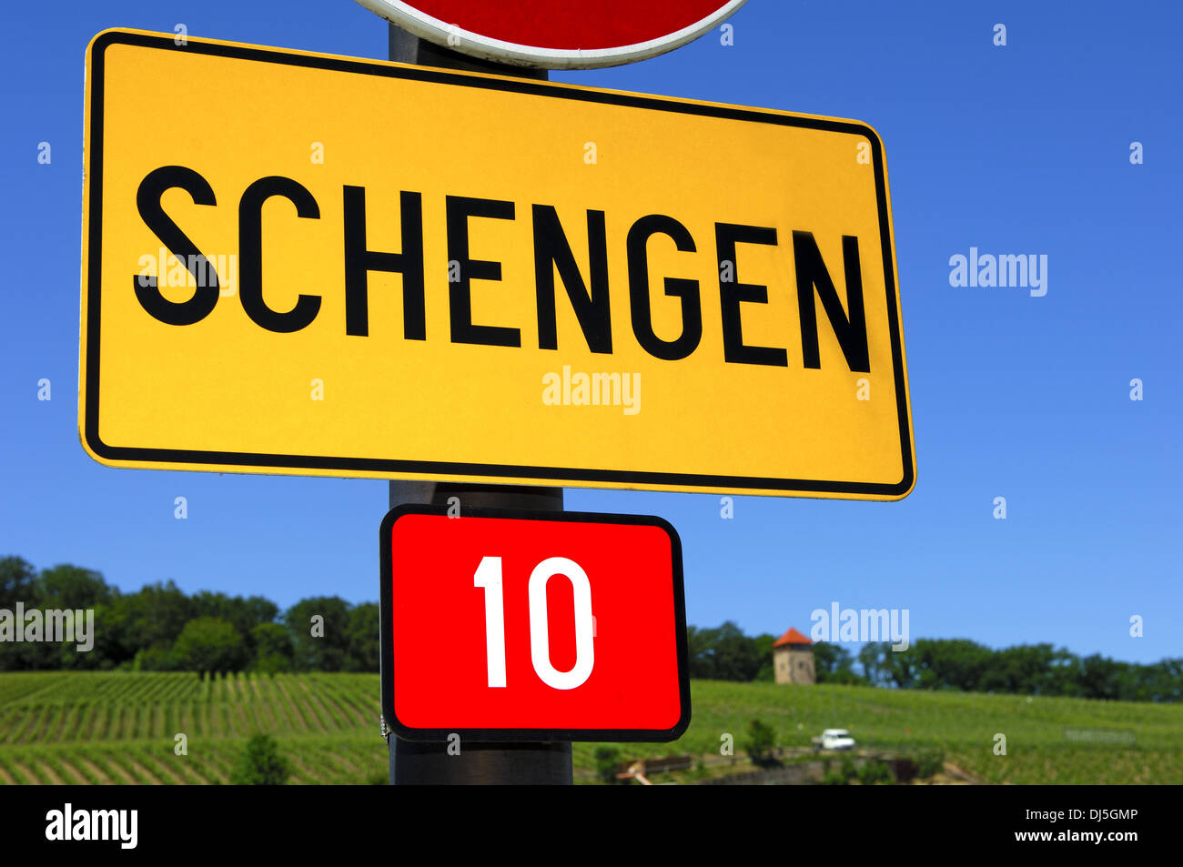Ortsschild Schengen, Luxemburg Stockfoto