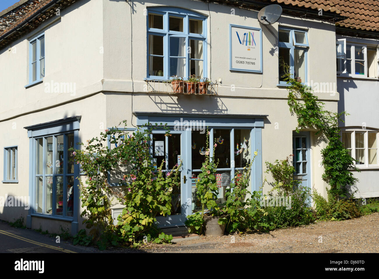 Stockrosen vor einem Geschäft Bull Street, Holt, Norfolk, England, Vereinigtes Königreich, Europa Stockfoto
