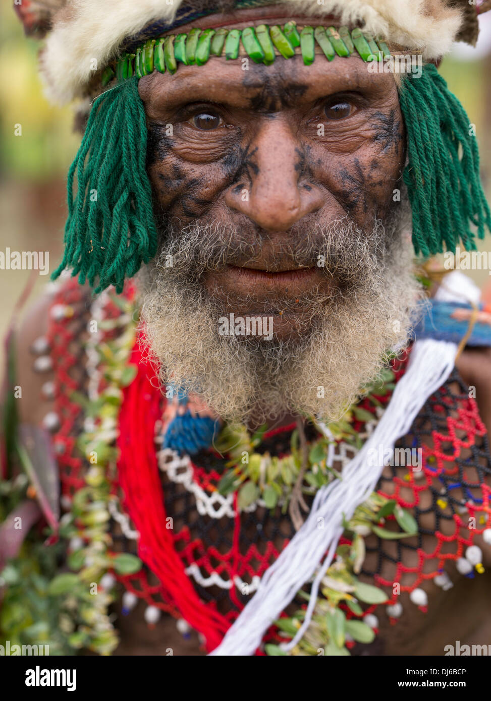 Älterer Mann eine Goroka Provinz Singsing Fraktion, Goroka Show, Papua Neu Guinea mit traditionellen Gesichts-tattoos Stockfoto