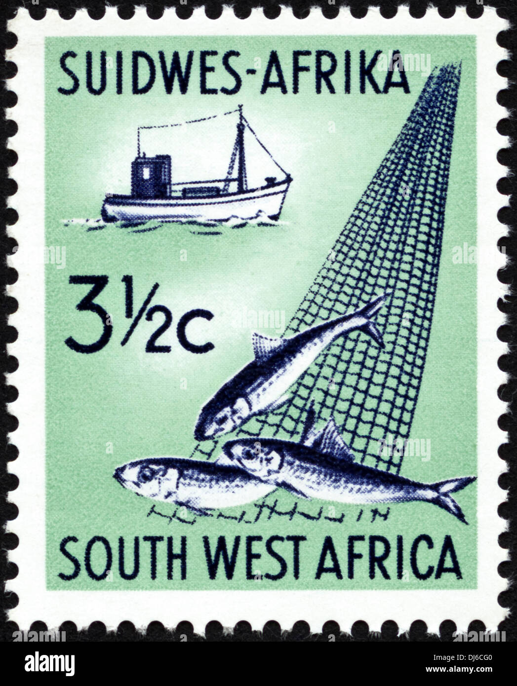 Briefmarke Südwestafrika 3½c mit Fischkutter datiert 1961 Stockfoto