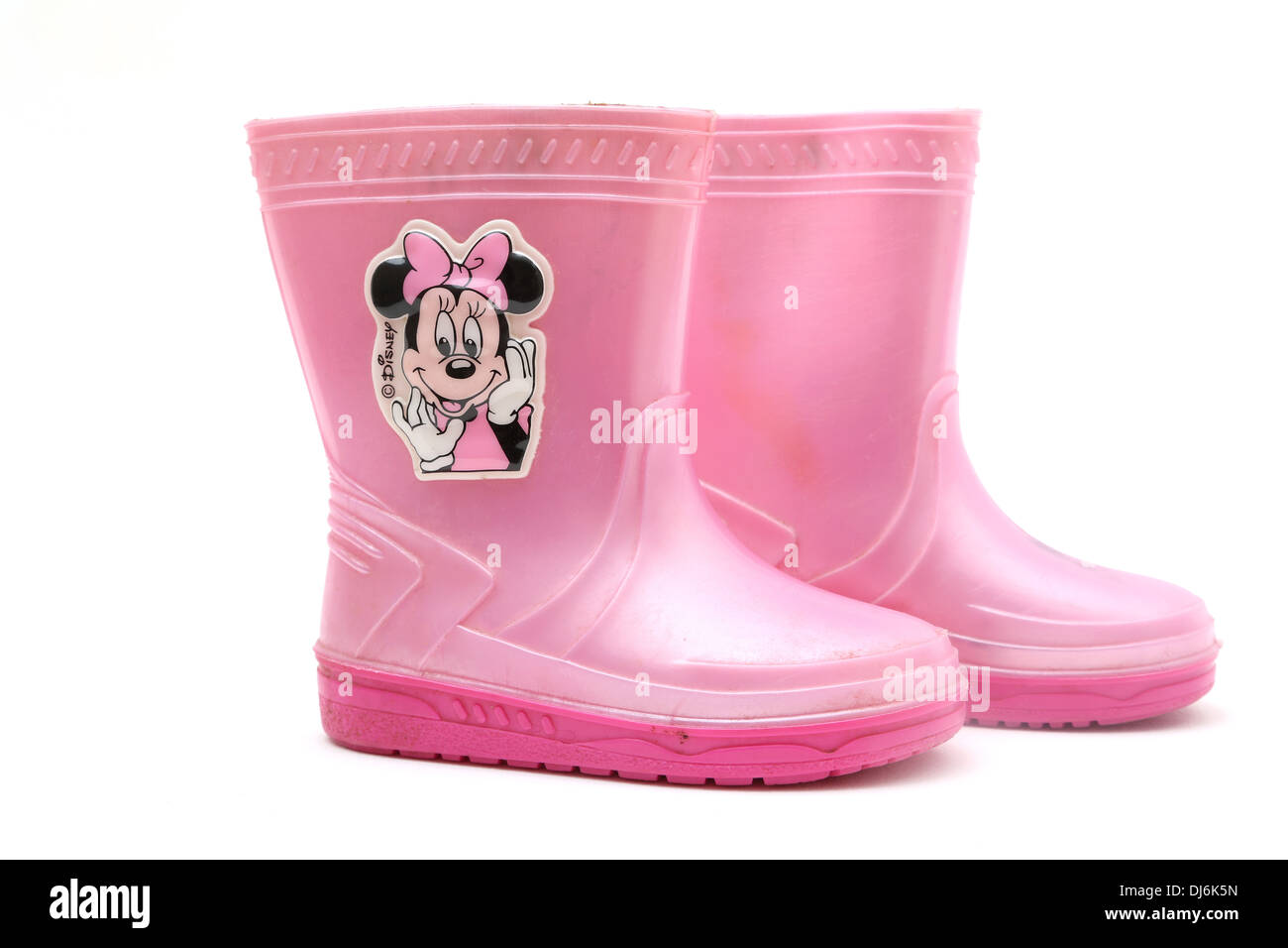 Ein paar Kinder rosa Minnie Mouse Gummistiefel Stockfoto