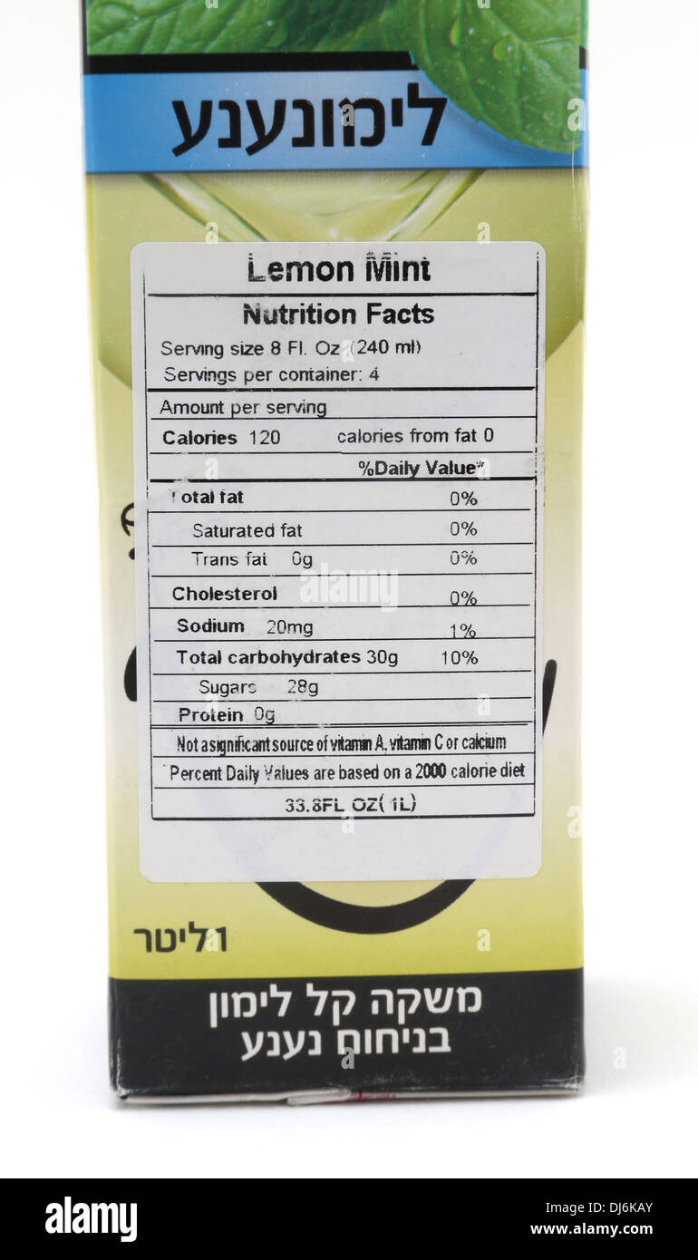 Prigat Karton Minze Zitrone Saft für Pessach Nutrition Facts Stockfoto