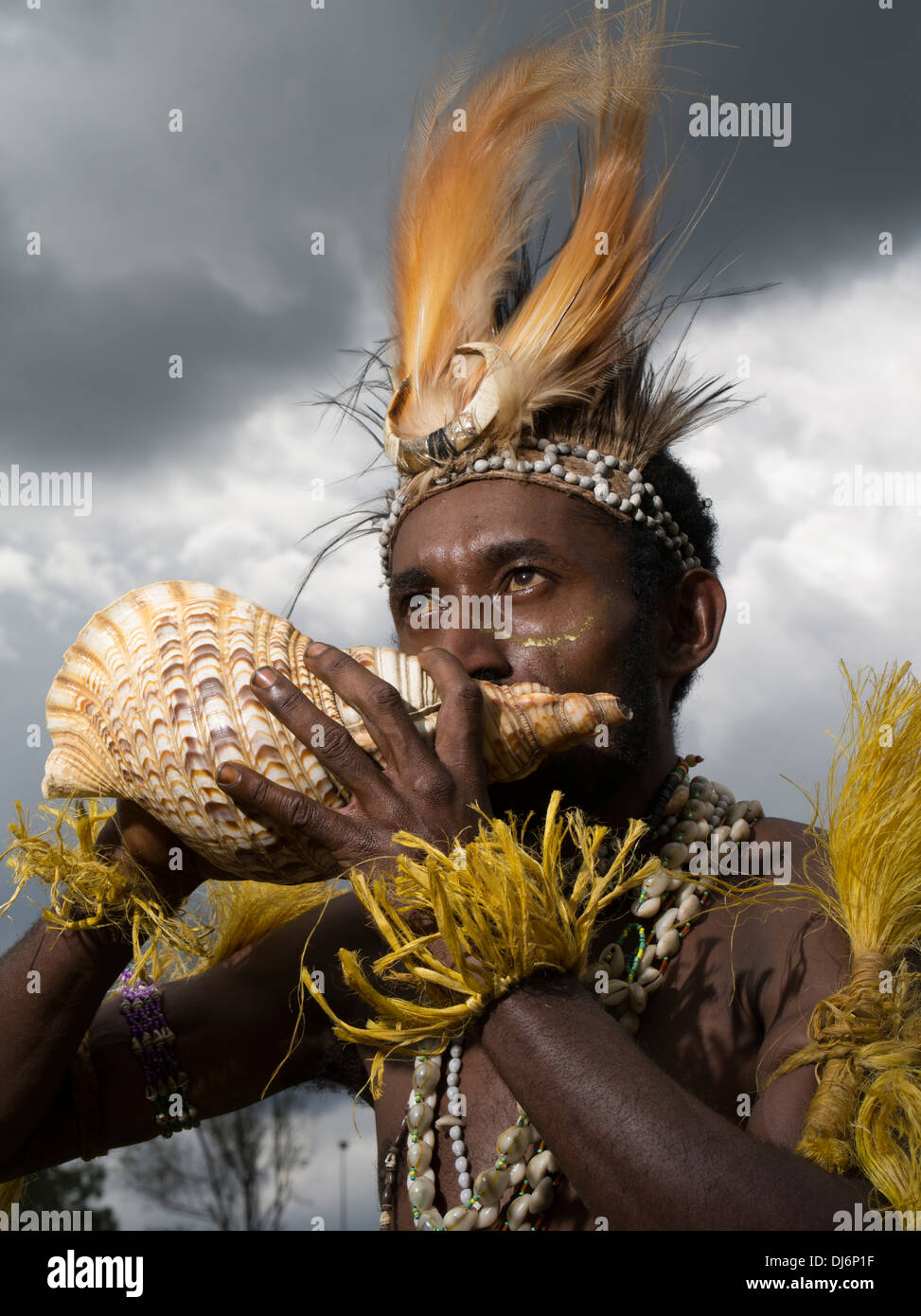 Mann mit Conch Shell Horn, Eastern Highlands Province - Goroka Show, Papua-Neu-Guinea Stockfoto