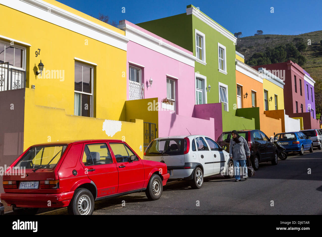 Südafrika, Cape Town, Bo-Kaap. Bunte Häuser. Stockfoto