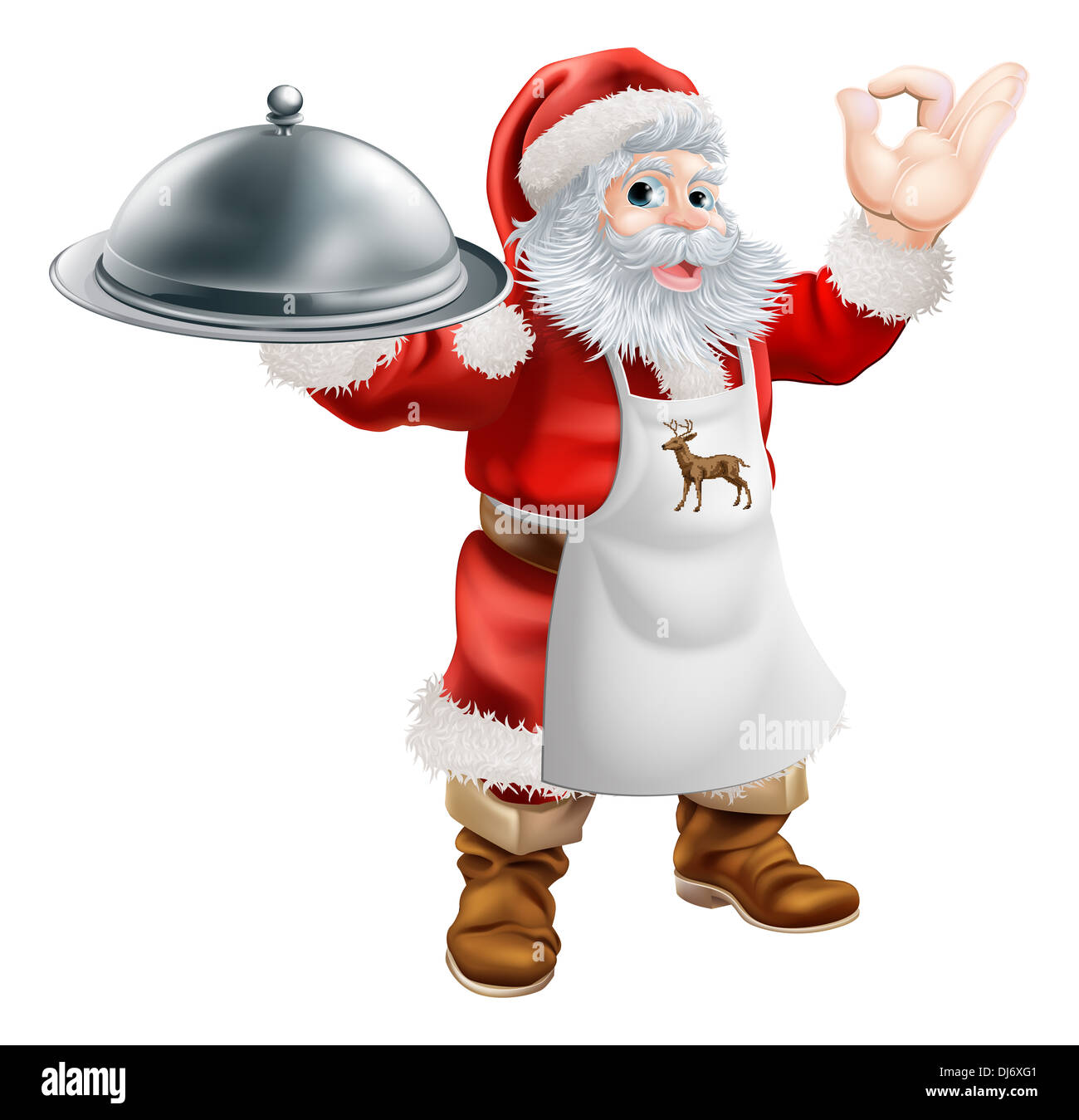 Cartoon-Santa Claus Weihnachten Abendessen kochen, mit dem Weihnachtsmann in eine Schürze halten ein Silbertablett und dabei eine perfekte Geste Stockfoto