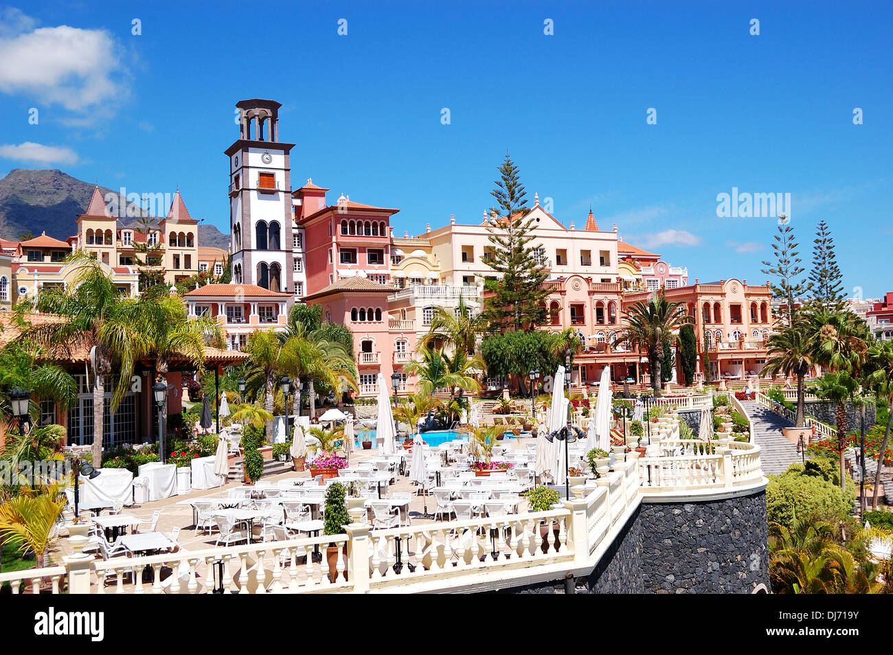 Terrasse mit Meerblick von der Luxus-Hotel Restaurant, auf der Insel Teneriffa, Spanien Stockfoto