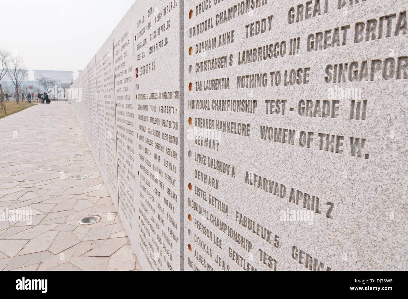 Wand mit Namen Medaillengewinner der Paralympischen Sommerspiele 2008 im Olympic Green - Olympic Park in Peking, China Stockfoto