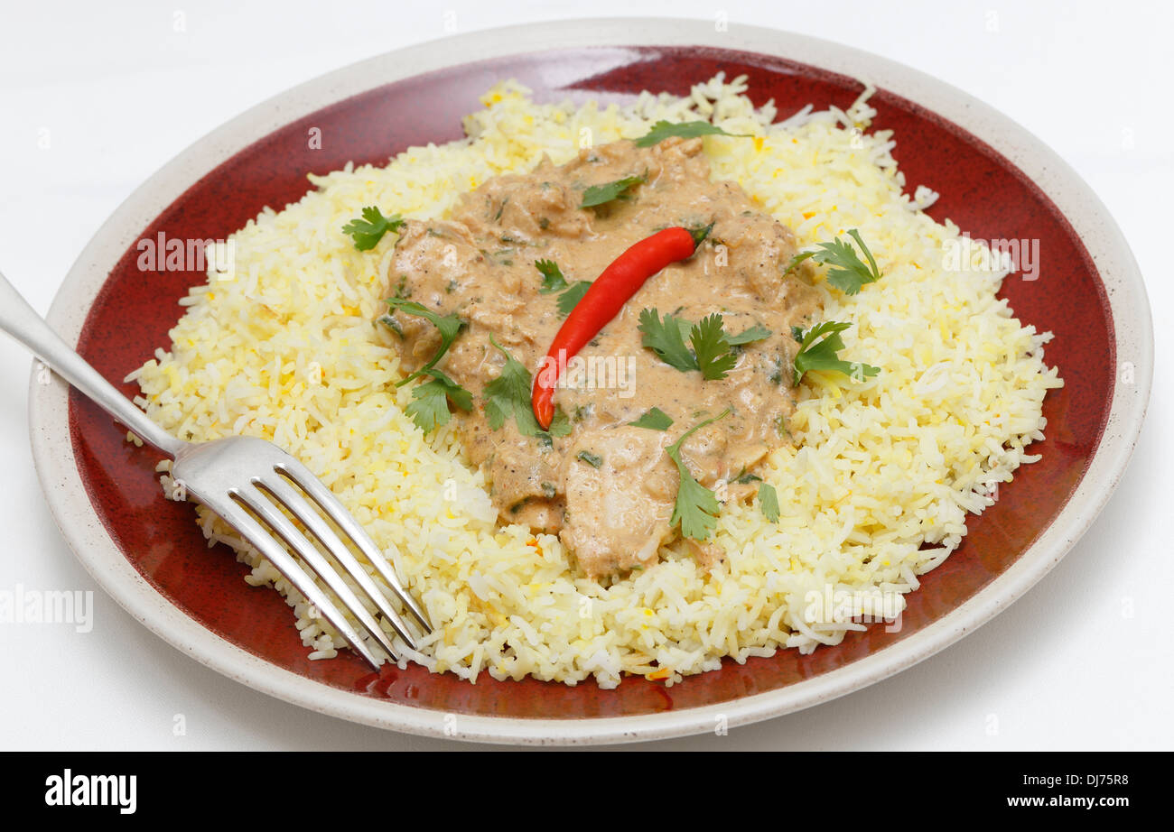 Erhöhte Ansicht der Balti Pasanda Hühnercurry serviert auf einem Bett aus Safranreis, Stockfoto