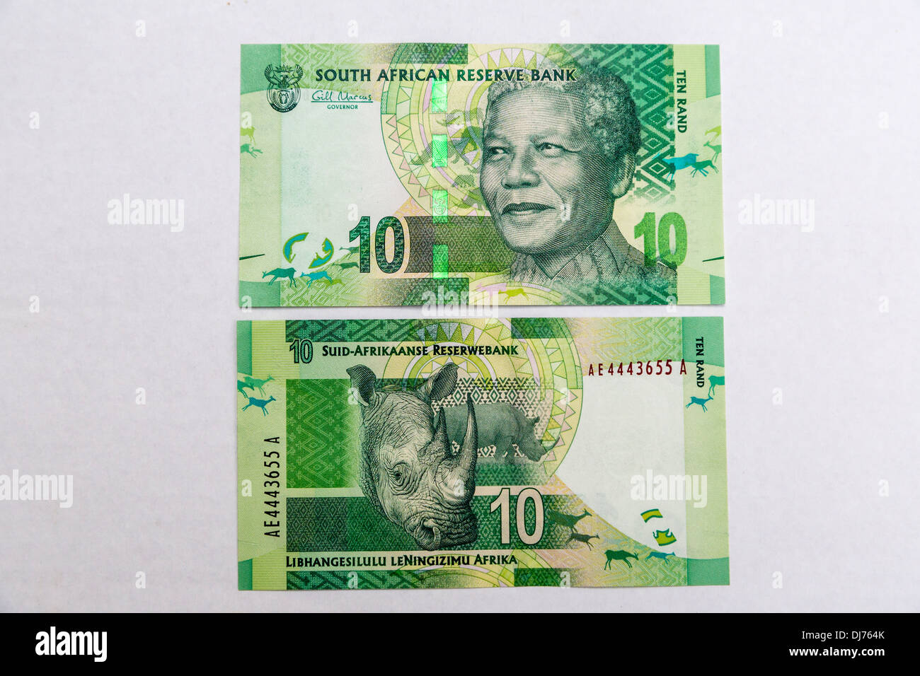 Südafrika Währung mit Nelson Mandela. 10 Rand, vorn und hinten. Stockfoto