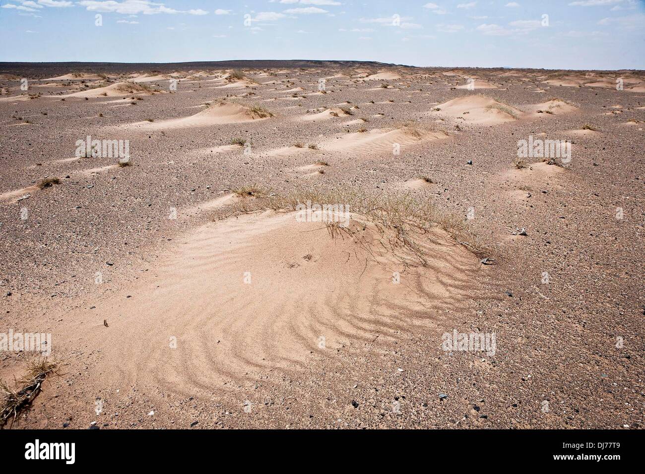 14. Mai 2012 - hat die Erosion der fruchtbaren Mutterboden und den Ausbau der Wüste Gobi Wüste Gobi, Mongolei - verminderte Niederschläge und stärkeren Winden, ein Produkt des Klimawandels, geführt. Mongolische pastorale Hirten bilden einen der größten restlichen nomadischen Kulturen der Welt. Seit Jahrtausenden haben sie in den Steppen lebten ihre Weidevieh auf den saftigen Wiesen. Aber heute ist ihre traditionelle Lebensweise gefährdet an mehreren Fronten. Neben einer sich rasch wandelnden wirtschaftlichen Landschaft Klimawandel und Wüstenbildung sind auch nomadischen Leben bedroht, tötete beide Herden und Weiden la Stockfoto