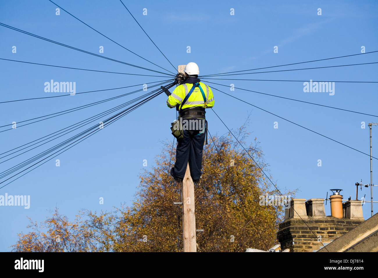 BT plc Telecom Engineer (British Telecom PLC) installiert eine neue Haushaltsleitung und Breitband-Internet-Kupferkabel an einen Telefon-/Telegrafenmast in london, Großbritannien Stockfoto