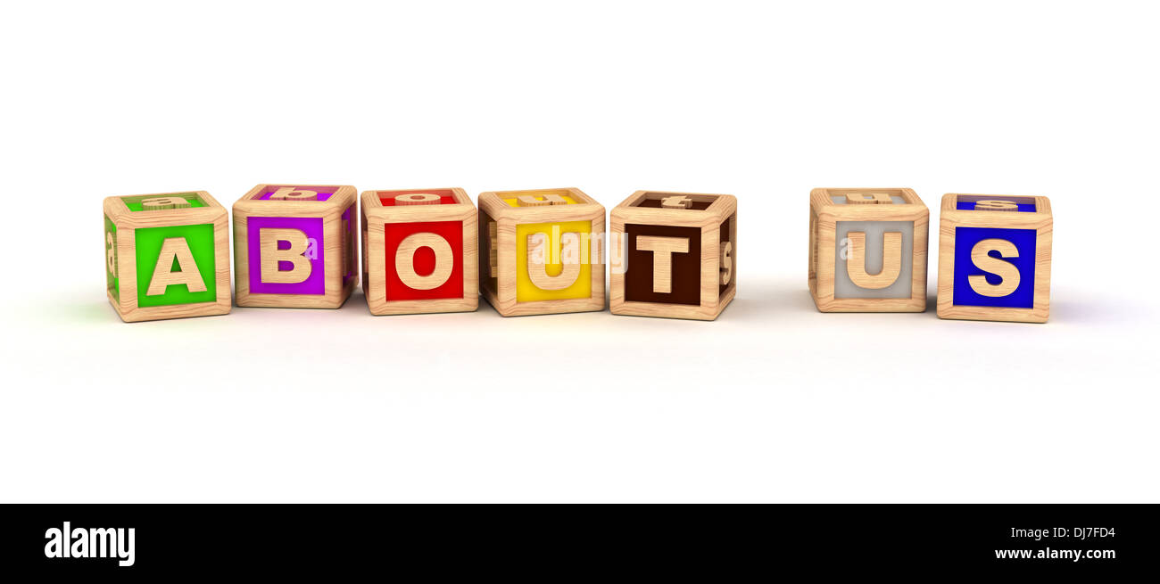 Über uns Text auf Würfel (computergenerierte Bilder) Stockfoto