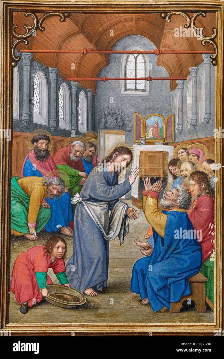 Simon Bening, Christus der Aposteln die Füße 1525 - 1530 Tempera, Goldfarbe und Blattgold auf Pergament zu waschen. Stockfoto