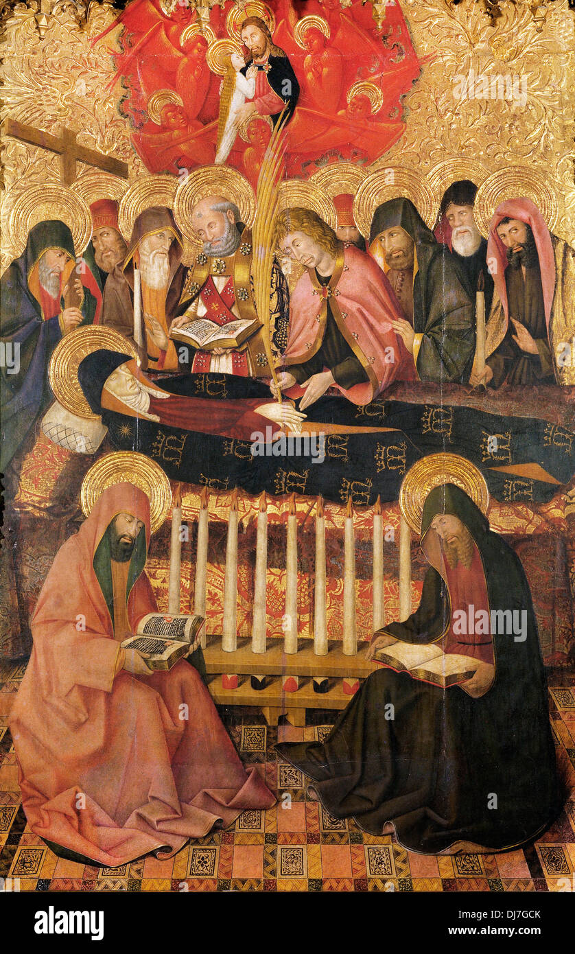 Pedro García de Benabarre, Dormition der Jungfrau 1460-1465-Tempera, Stuckreliefs und Blattgold auf Holz. Stockfoto