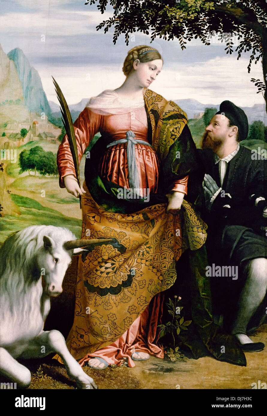 Moretto da Brescia, St. Justina, Venerated durch einen Mäzen. Ca. 1530-1534. Öl auf Leinwand. Kunsthistorisches Museum, Wien Stockfoto