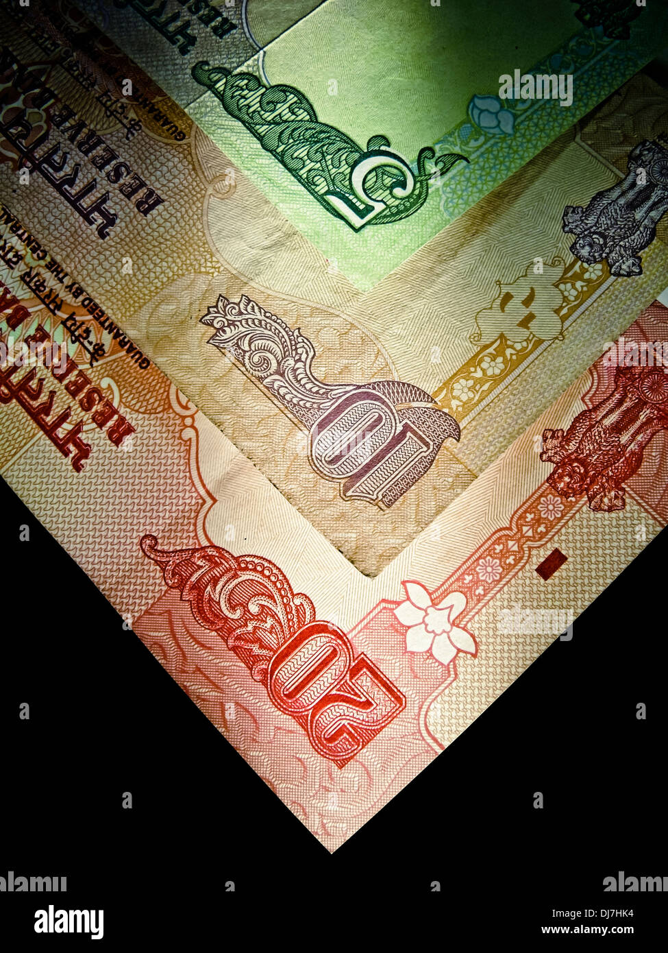 Indische Währung, 5, 10, 20 (fünf, zehn, zwanzig) Rupie Banknoten Stockfoto